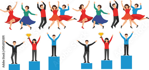 Dancing people and winners podium collection with celebration success achievement business characters flat vector illustration set isolated