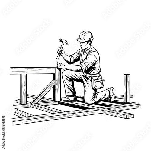 Construction worker hammering wood frame on building site, wearing hard hat and tool belt