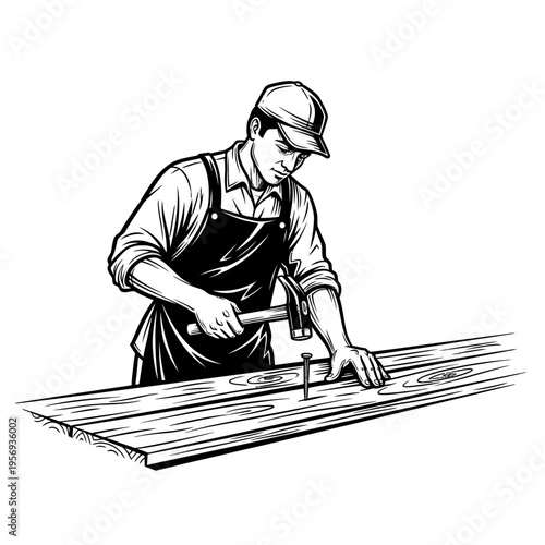 Carpenter hammering nail into wooden plank, skilled craftsman at work, woodworking, DIY, construction