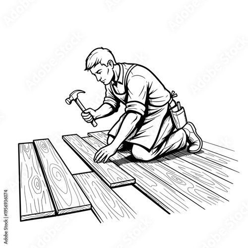 Carpenter installing wooden floorboards, hammering planks, skilled craftsman at work, home renovation