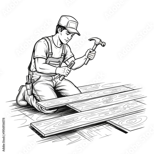 Carpenter Installing Hardwood Flooring with Hammer and Chisel