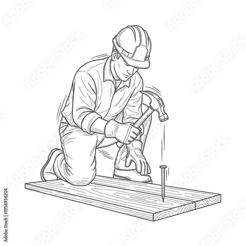 Construction worker hammering a nail into wood plank, wearing hard hat and gloves