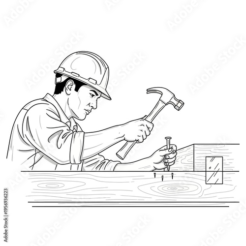 Construction worker hammering a nail into wooden beam, close-up, safety helmet, tools, DIY, building