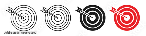 Set of 4 Bullseye Target Icons with Arrow in Center Vector Illustration for Business Success and Marketing Goals