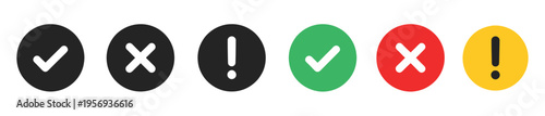 Set of 6 checkmark cross and exclamation mark icons vector for status validation in green red yellow and black colors