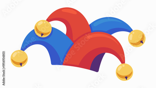 Jester's hat with colorful red and blue curves and golden bells on white background symbolizing jester or clown character