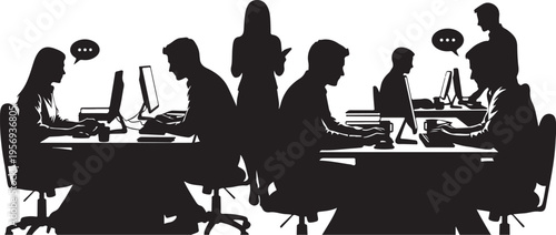 Silhouette of people working at office desks in teamwork