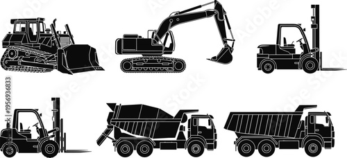 Heavy construction machinery silhouettes set including excavator bulldozer forklift dump truck and cement mixer isolated on white background for industrial building design.