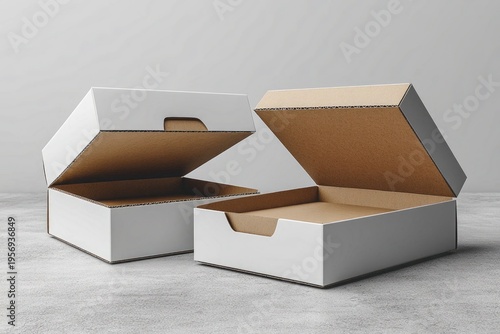 Two white, open cardboard boxes sit on a grey textured surface. Great for product mockups, packaging design, and branding visuals.