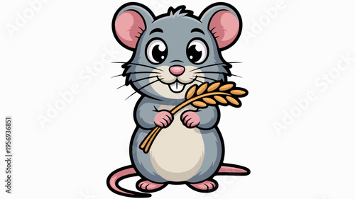 Cartoon mouse holding wheat smiling standing upright on hind legs gray fur pink ears and nose white background cheerful expression agriculture harvest cute animal illustration