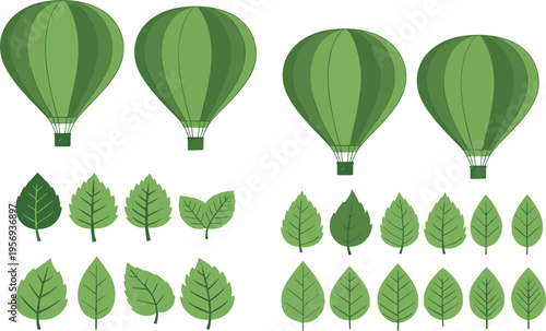 Green hot air balloon and leaf collection with nature elements eco travel icons flat vector illustration set isolated