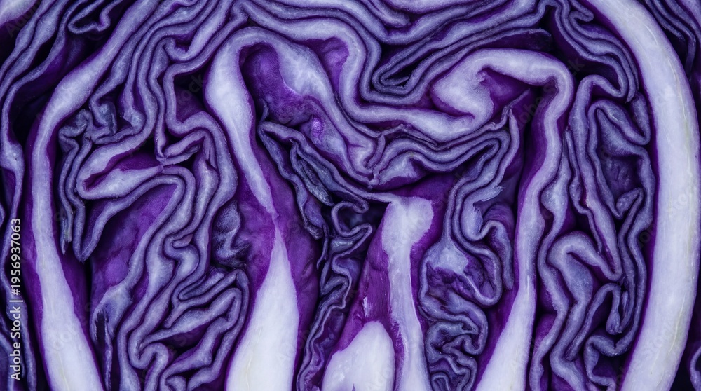 Obraz premium Intricate Cabbage : An overhead perspective reveals the internal structure of a fresh, deep red cabbage, a masterpiece of nature's design.