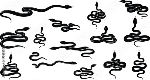 Large collection of black snake silhouettes in various crawling and coiled poses, isolated vector set of serpent symbols for wildlife design and tattoos.
