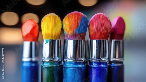 Close-up of colorful paint brushes with silver ferrules and blue handles. Perfect for art, creativity, painting and artistic expression concepts.