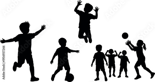Children playing sports and games in a lively outdoor setting with energetic movements