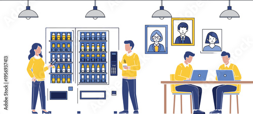 Modern office breakroom illustration featuring people using a vending machine and working on laptops in a coworking space, isolated on white background.