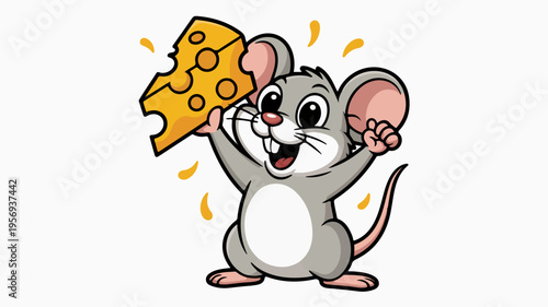 A cheerful cartoon mouse holds up a large piece of cheese with excitement and joy on its face in a playful pose