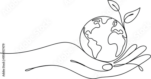 Continuous one line drawing of hand holding globe with leaves, ecology and earth day