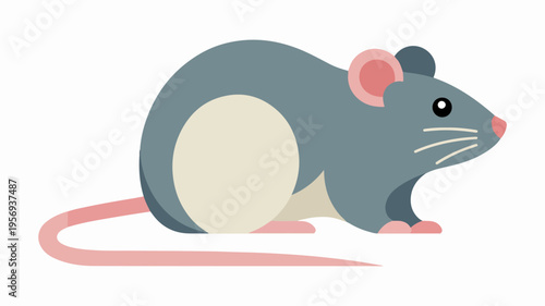Gray cartoon mouse with pink tail and ears on white background side view simple illustration