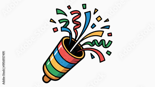 Colorful party popper exploding with confetti and ribbons on white background celebrating joy and festivity