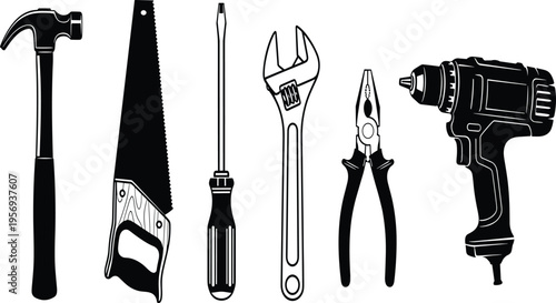 Professional black and white vector illustration of essential hand tools including hammer saw screwdriver wrench pliers and power drill isolated on white background for DIY projects.