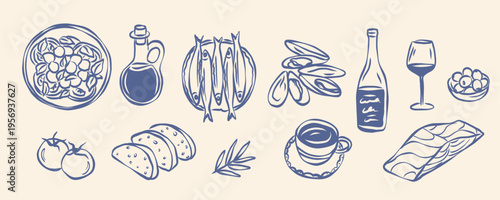 Hand drawn mediterranean food and drinks collection