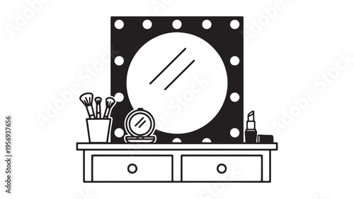 Vanity Mirror with Lights and Makeup Desk, Beauty Studio Interior and Cosmetic Setup Illustration
