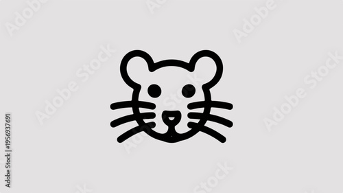 Simple black line art of a cute cartoon tiger face on gray background symbolizing fun and playfulness in a minimalistic style