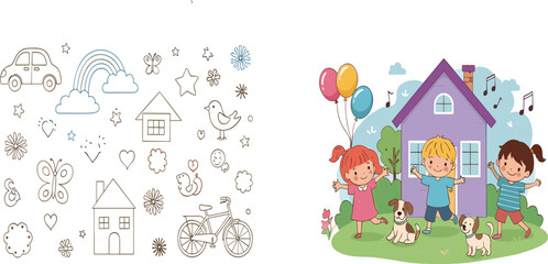 Ingelijste posters Regenboog Kinderspeelscene met huis en fiets  © Sumon Creative