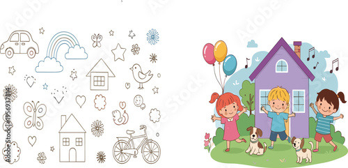 Kids outdoor play scene and doodle outline elements collection with house bicycle rainbow clouds children cartoon vector illustration set