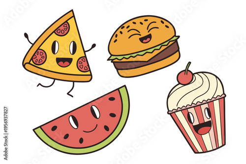 Cartoon fast food smiling and dancing together pizza hamburger watermelon