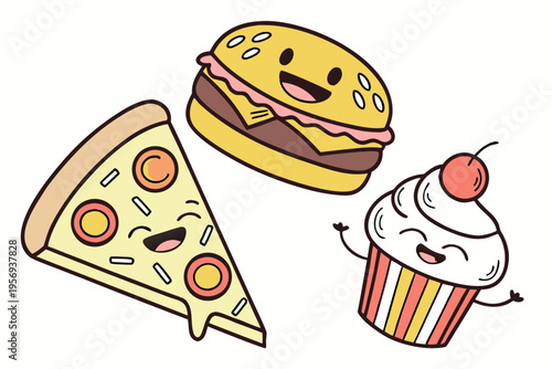 Cartoon food smiling pizza burger cupcake