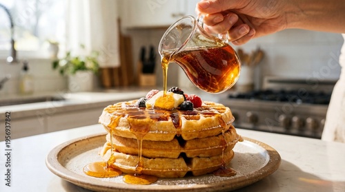 Breakfast Delight: A delectable stack of golden waffles is drenched in rich maple syrup, adorned with fresh berries and a pat of butter, inviting a moment of pure culinary pleasure.