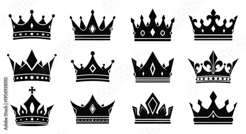 Collection of ornate black crowns in various regal designs and styles