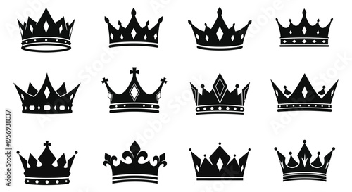 Collection of ornate black crowns in various regal designs on white