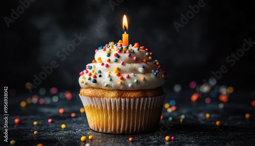 Frosted cupcake with sprinkles, topped with a lit candle on dark background. Use for happy birthday greetings, dessert promotions, and bakery adverts.