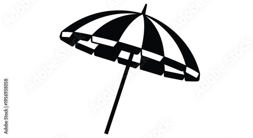 A black and white striped beach umbrella illustration on a white background