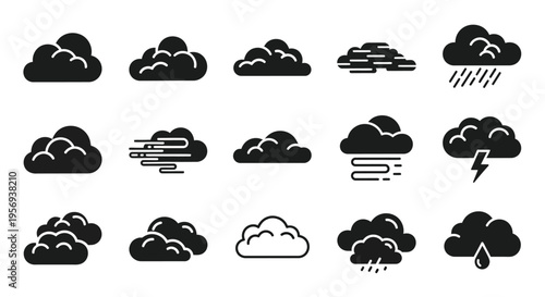Black and white weather icons depicting various cloud formations and precipitation