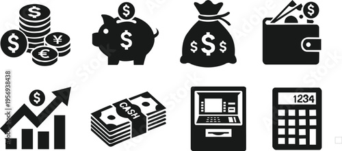  Bold monochrome silhouettes of finance related elements such as coins, piggy bank, cash bag, wallet, and upward chart, smooth edges