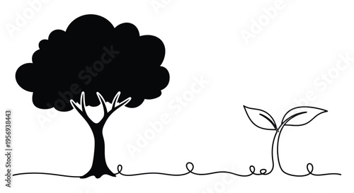 A simple black and white illustration of a tree and a sprouting seedling