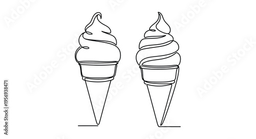 Two soft serve ice cream cones depicted in a continuous line drawing style