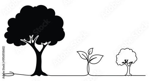 Growth stages of a tree depicted with minimalist line art