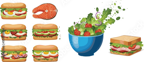 Sandwich and fresh salad bowl collection with healthy ingredients fish and vegetables flat vector illustration set isolated