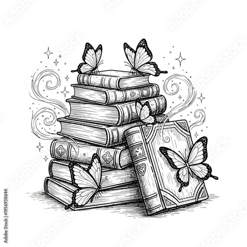 Enchanting Stack of Books with Butterflies, Magical Reading, Fantasy Literature, Knowledge