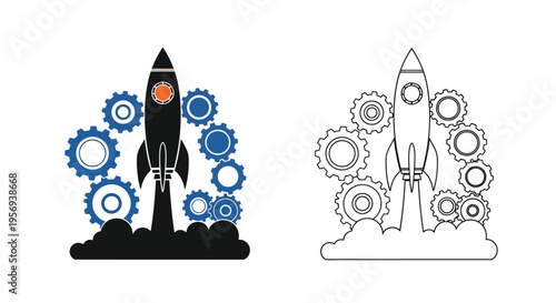 Rocket launch surrounded by gears color and monochrome versions displayed