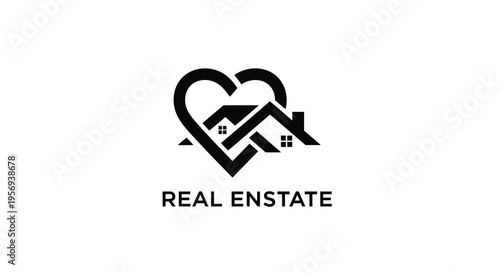 A black and white logo featuring a house shape within a heart with text