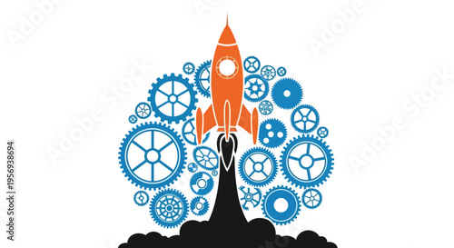 A rocket ship launching from a cloud of smoke and gears