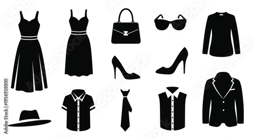 Black silhouette icons representing various clothing items and fashion accessories