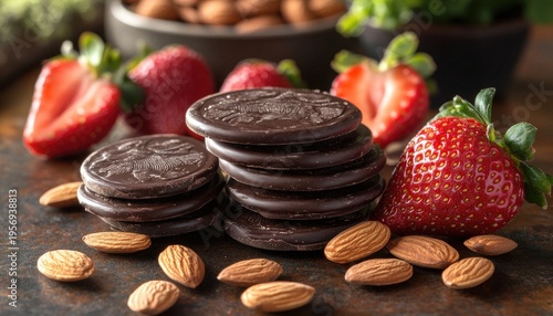 Dark chocolate cookies, almonds, and fresh strawberries on rustic surface. It can be used for food blogs or healthy treat advertisements.