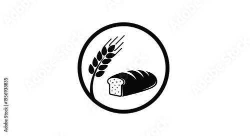 Simple black and white logo featuring wheat and a loaf of bread